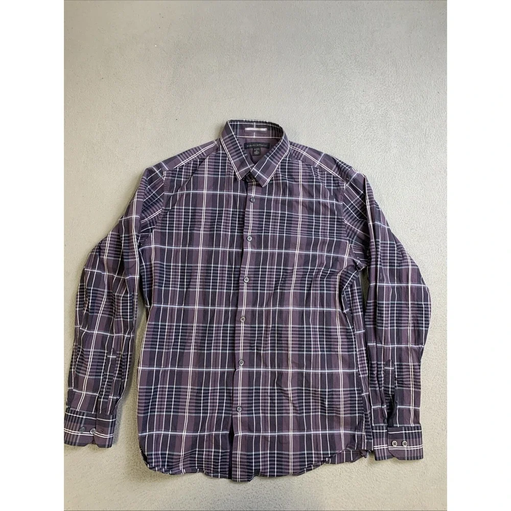 Banana Republic Shirt Mens Size Medium Purple Plaid Long Sleeve Button Down‎